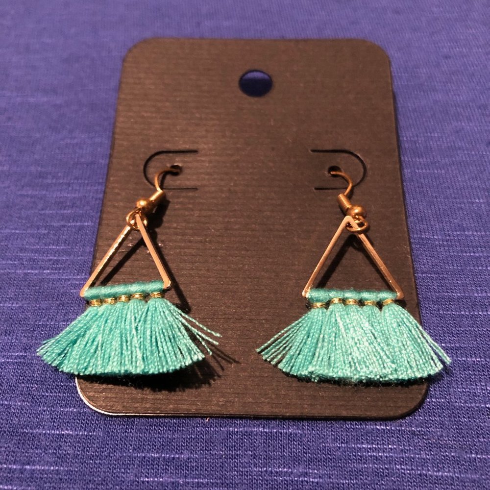 Green Tassel and Gold Triangle Earrings